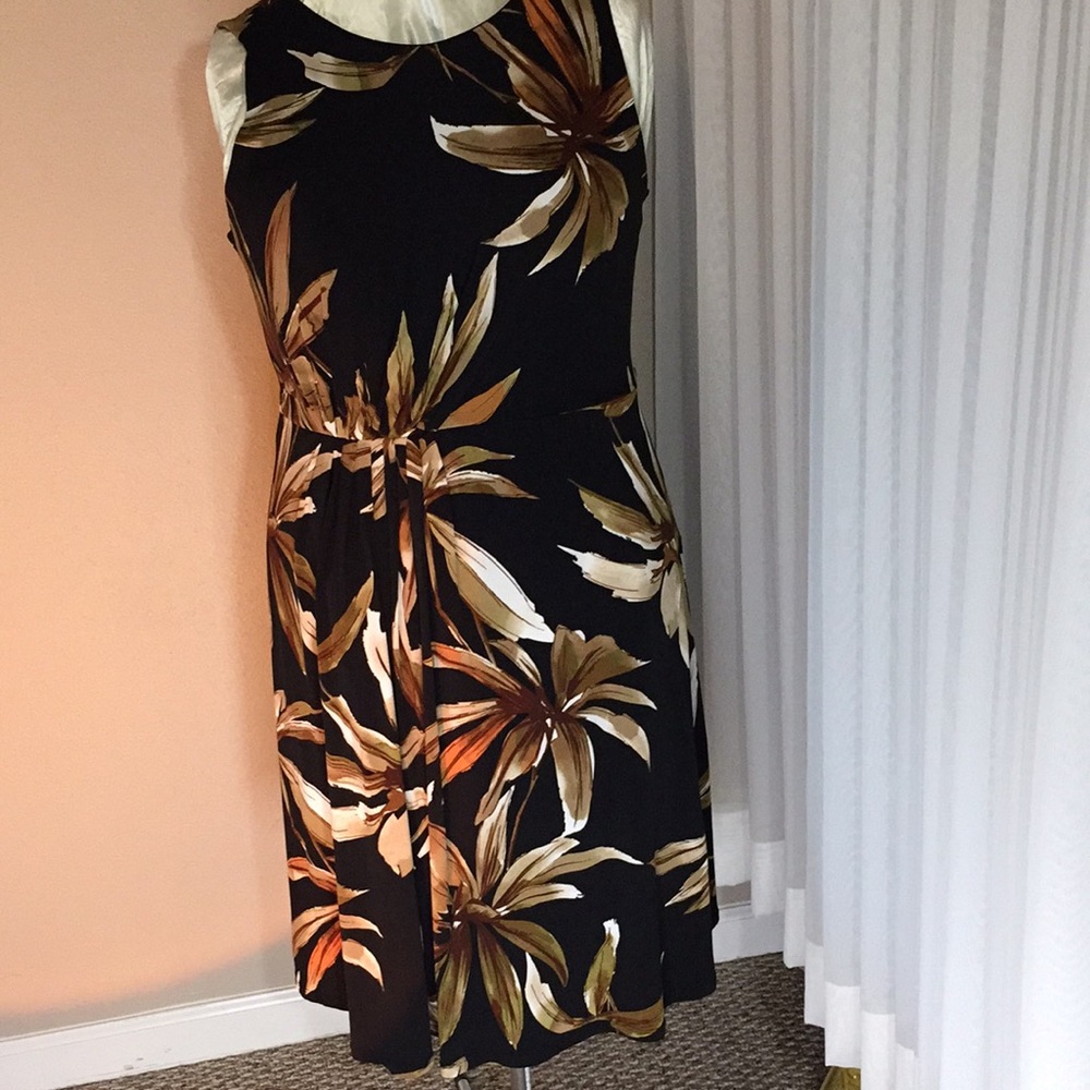 Tahari Black Midi Dress with Brown and Cream Tropical Print